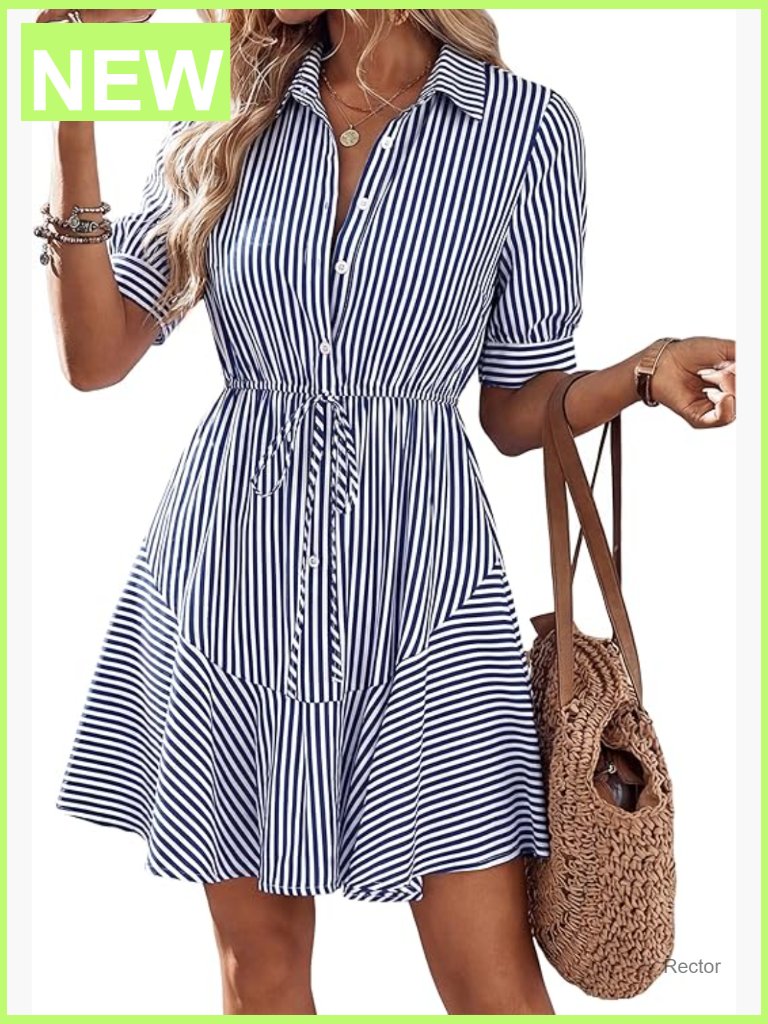 Striped V-Neck Mini Dress With Puff Short Sleeves & Pockets